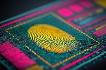 Close-up of a fingerprint scan on a digital interface with vibrant colors