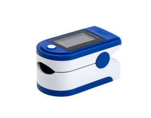 Blue and white pulse oximeter with a digital display, designed for finger placement, measures blood oxygen saturation and pulse rate