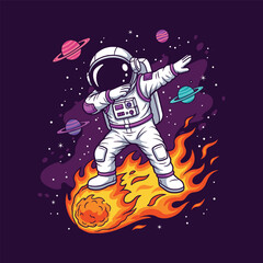 Astronaut Dabbing on Meteorite with Planets Illustration