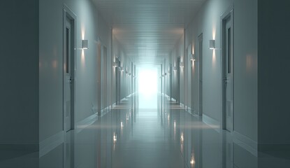 Empty, bright hallway with doors, leading to light