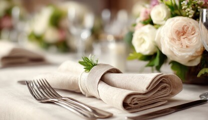 Elegant table setting with folded linen napkin, tied with sprig, alongside cutlery