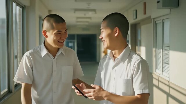 楽しそうにスマホを見つめ合う坊主頭の男子学生