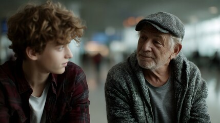 A young person and an older man converse in a public transit terminal with soft background lighting