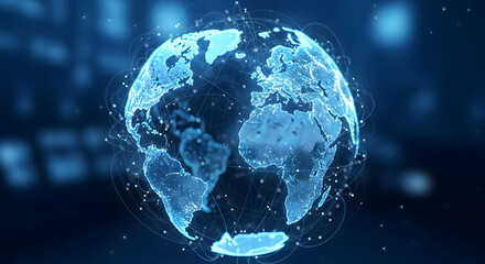 Holographic earth globe with network connection overlay in blue tones