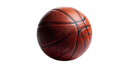 A classic orange basketball, slightly worn, with deep grooves and textured leather, set against a pure black background