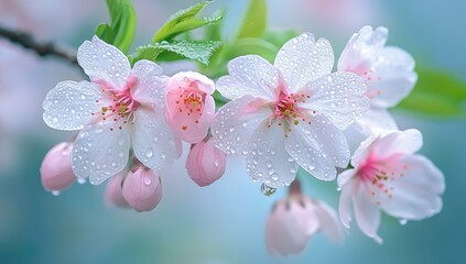 Delicate, pastel-toned cherry blossoms, covered in water droplets,  on a branch