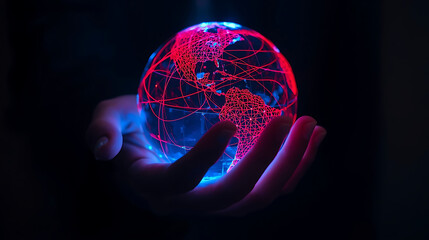 Global Connectivity: A hand cradles a glowing digital globe, symbolizing interconnectedness in a modern world, highlighting networks of data and information across the Earth.