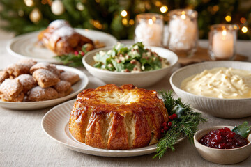 festive christmas dinner set in multicultural setting featuring traditional dishes from around world
