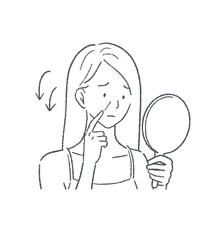 手鏡を見てほうれい線が気になる女性のイラスト素材