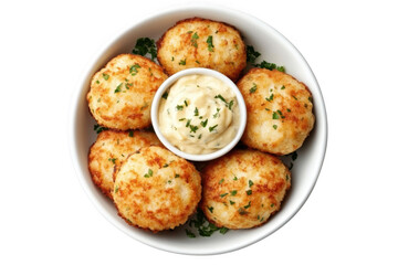 Fototapeta premium Delicious crab cakes appetizer with creamy dipping sauce in bowl, seafood dish, gourmet food, isolated on transparent background