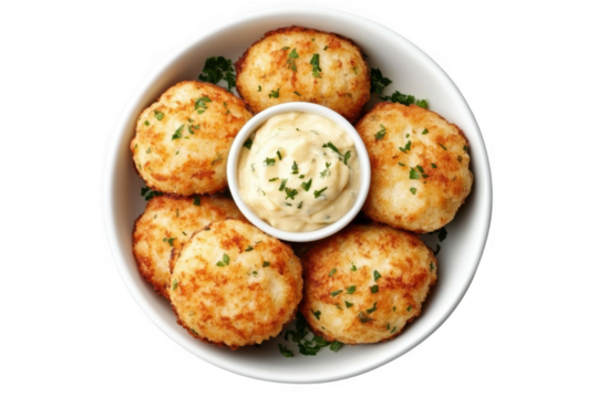 Delicious crab cakes appetizer with creamy dipping sauce in bowl, seafood dish, gourmet food, isolated on transparent background