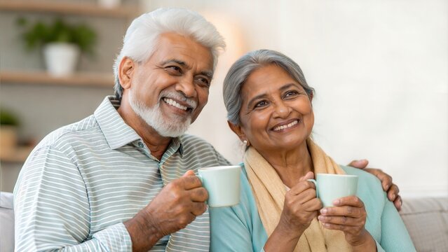 Smiling elderly Indian couple with tea cups — celebrating peaceful tea time in cozy home setting - Powered by Adobe