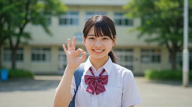 校舎の前でOKサインをする女子高生