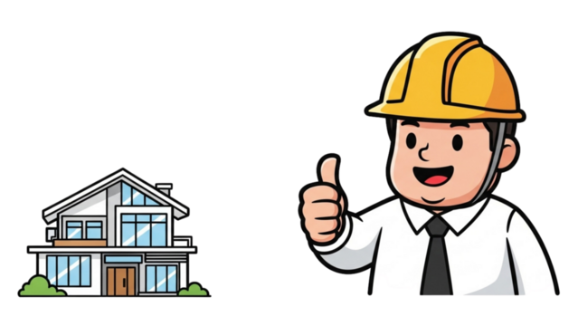 Cartoon Builder Character with Thumbs Up Inspecting Modern Home Design
