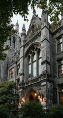 Fototapeta premium Gothic architecture facade of a historic building, shadowed by trees