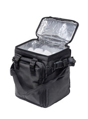 Black insulated cooler with open lid, showing ice packs inside
