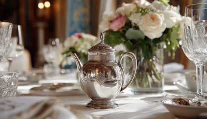 Elegant silver teapot on a formal table setting