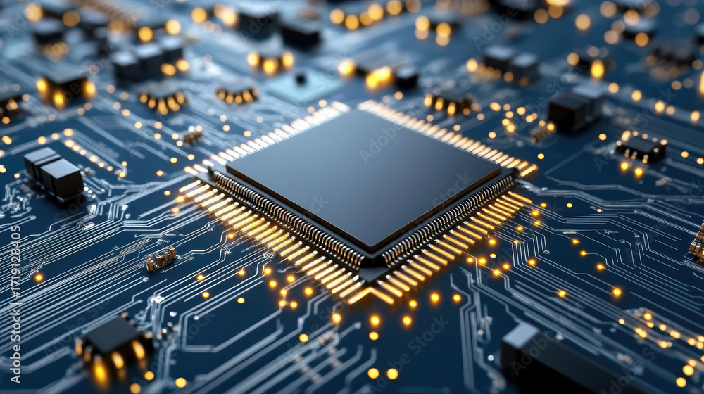 Poster close up of circuit board with microchip, glowing lights, and intricate design