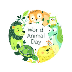Obraz premium World Animal Day Cute cartoon animals in a circle with text and leaves, a celebratory illustration