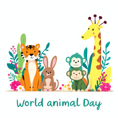 Obraz premium Celebrate World Animal Day with a charming illustration of diverse wildlife, including a tiger, rabbit, monkeys, and a giraffe, surrounded by lush foliage and flowers