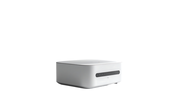 A sleek, off-white, cube-shaped digital device sits on a black background, featuring subtle detailing and a few small ports