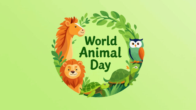 Vibrant illustration featuring a diverse group of wild animals encircled by a lush green wreath, symbolizing global wildlife protection and the celebration of World Animal Day