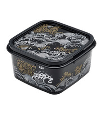 Square food container with a lid, black with gray and gold wave design