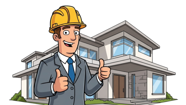 Cartoon Engineer Approving House Project with Thumbs Up Illustration