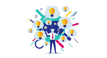 Businessman surrounded by numerous lightbulb thought bubbles, symbolizing a burst of creative ideas and innovative thinking.