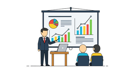 A businessman giving a presentation to an audience with charts and graphs on a screen.