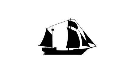 A black silhouette depicts a sailing ship with billowing sails against a stark white backdrop
