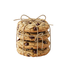 Delicious stack of chocolate chip cookies tied with twine, freshly baked treats, food photography, sweet dessert, png image isolated on transparent background