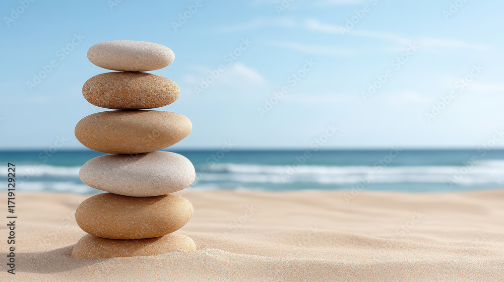 Poster stack of smooth pebbles on sandy beach with ocean in background, creating serene atmosphere