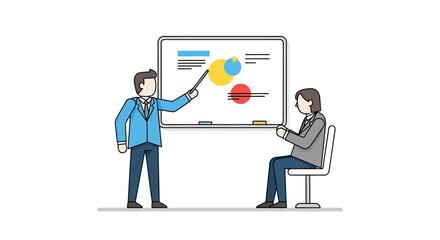 A man in a blue suit points at a whiteboard with a presentation, while another person sits and listens.