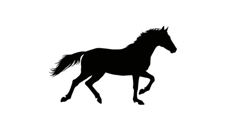 A black silhouette of a horse prancing on a white background