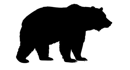 A black silhouette of a large bear standing sideways against a white background