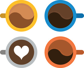 Colorful coffee cups top view heart latte art flat lay vector