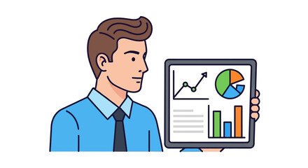 Man presenting business data on a tablet with charts and graphs.