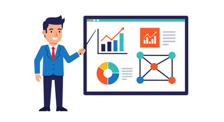 A businessman in a suit presenting data analytics with various charts and graphs on a large screen.