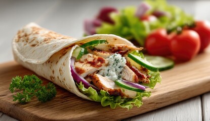 Grilled chicken wrap with cucumber, red onion, and salad