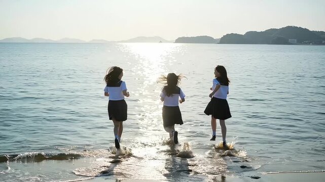 青春の思い出、夕焼けのビーチを走る女子学生たち