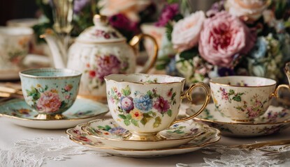 Fototapeta premium Floral tea set on lace tablecloth