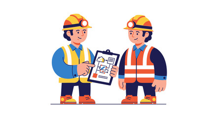 Two construction workers in safety vests and helmets reviewing a blueprint together.