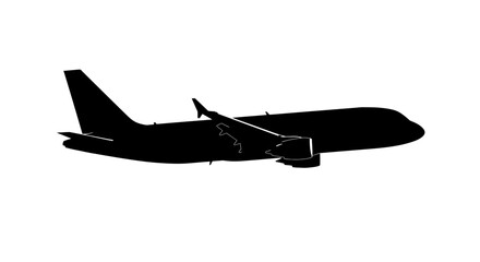 A silhouetted plane with a distinctive vertical stabilizer and wingmounted engines against a white backdrop