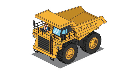 Isometric illustration of a large yellow mining dump truck with a driver. © Lariss