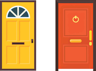 Two colorful entrance doors side by side yellow orange modern design vector