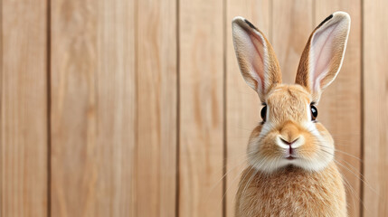 Fototapeta premium Cute rabbit with large ears and expressive eyes against wooden background