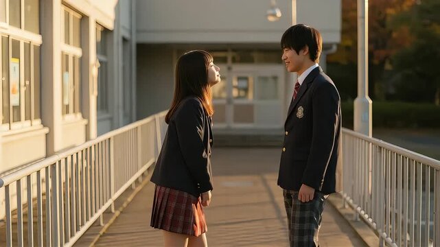 夕方の学校で、キスを求める彼女を見て、微笑む彼氏の高校生カップル