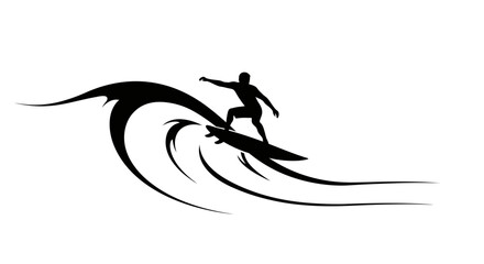 Black silhouette of a surfer riding a stylized wave on a white background
