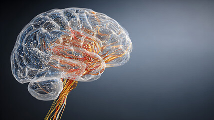 Transparent human brain with visible neural pathways and blood vessels